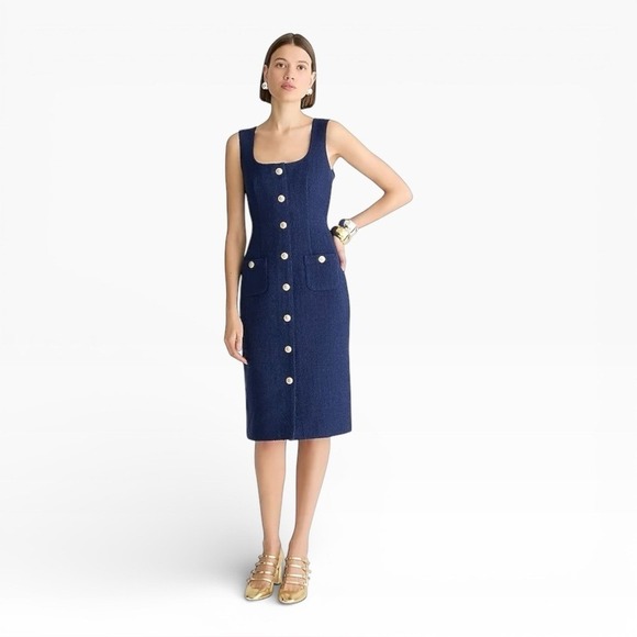 J. Crew Dresses & Skirts - J.Crew‎ Sophia Sleeveless Tweed Wool Blend Navy Blue Midi Dress Size 8
